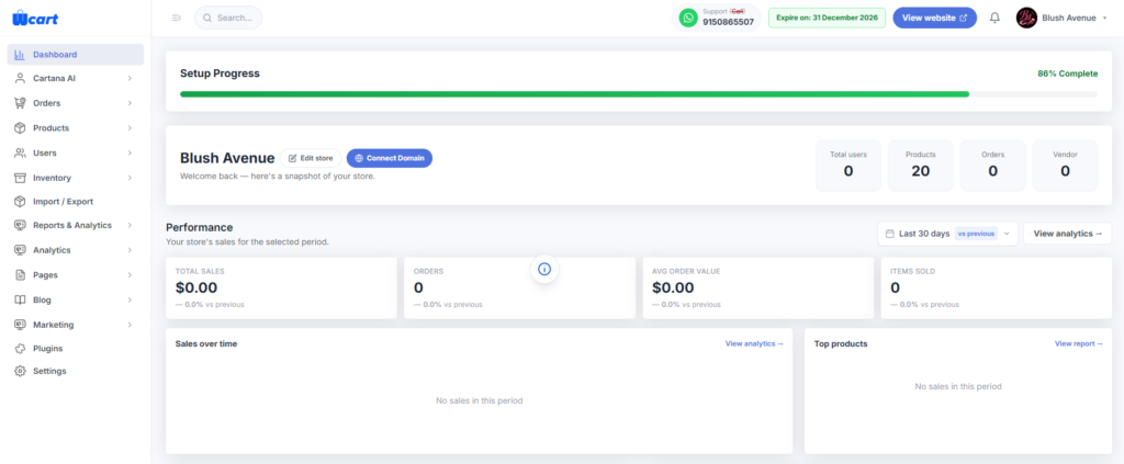 Wcart online store builder dashboard