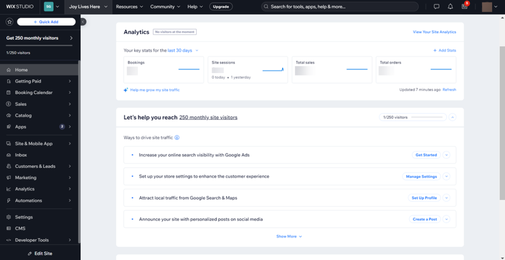 Wix online store builder dashboard