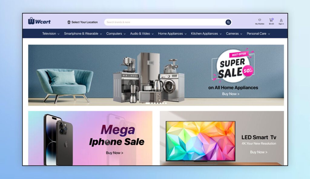 Wcart homepage - Best ecommerce websites designs