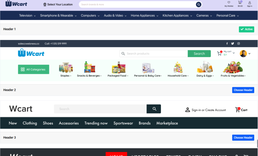 Browse and choose from ten ecommerce-focused header templates designed to suit different business models and customer journeys.