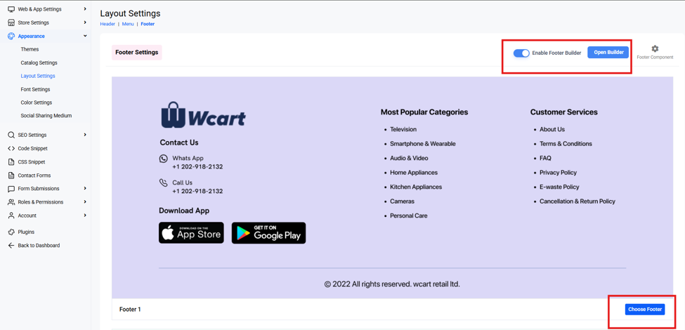 Footer Settings panel,