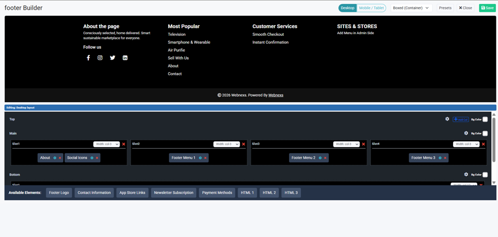 Inside the Footer Builder: Rows, Columns, and Slots