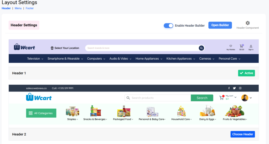 Wcart Ecommerce store design - Header builder
