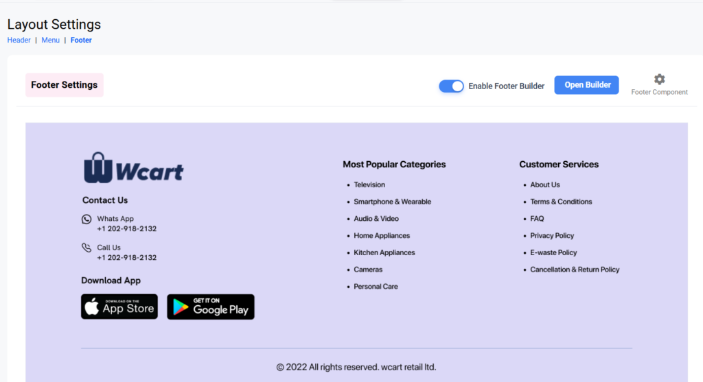 Wcart Ecommerce store design -  Footer builder
