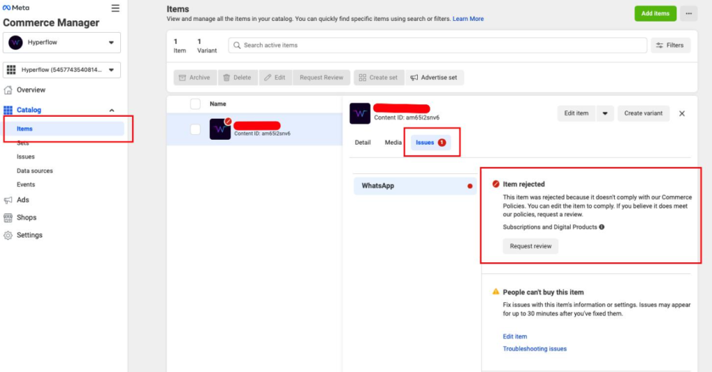 Meta Commerce Manager showing a product rejected due to Commerce Policy violations, with the option to review and resolve the issue.